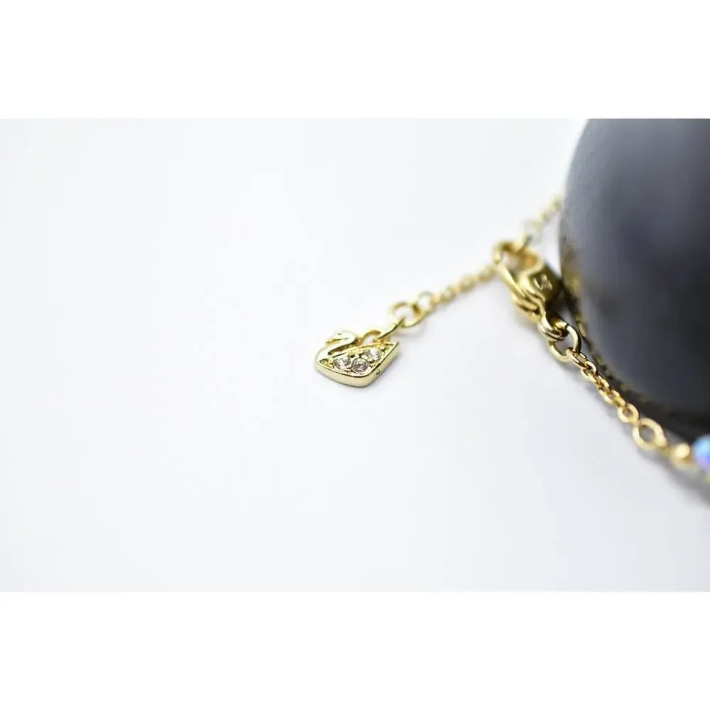 Swarovski Crystal Beaded Bracelet AB Blue Pink Gold Tone Chain Swan Signed Bin7